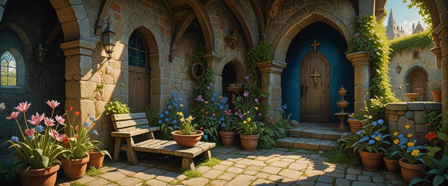 Mysterious Passageways with Colorful Stone Walls in Ghibli S...