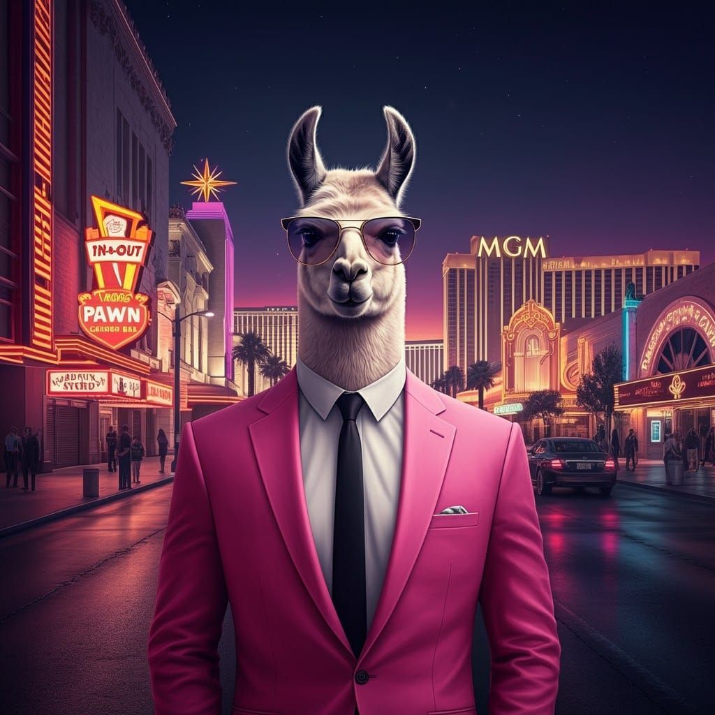 Llama in Las Vegas: A Retrofuturistic Digital Illustration
