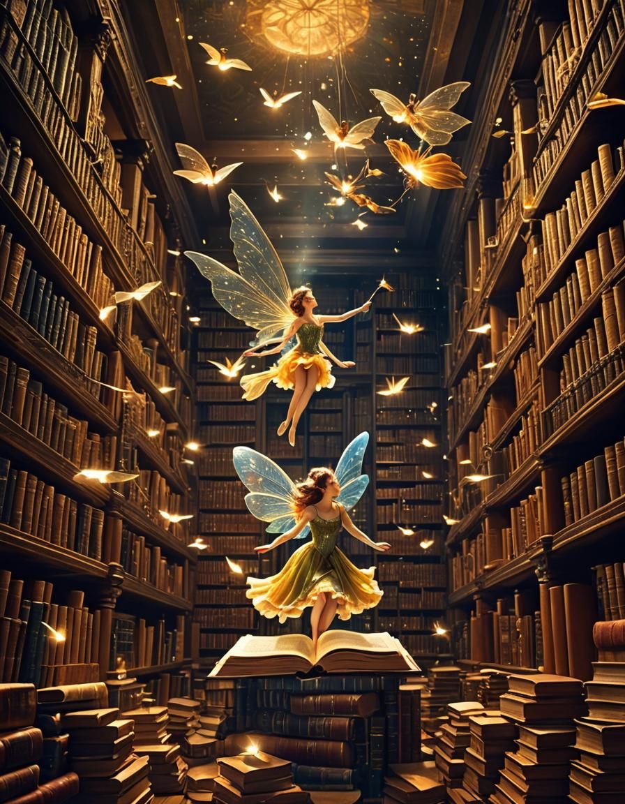 Radiant Fairy in Ancient Library: Luminous Image