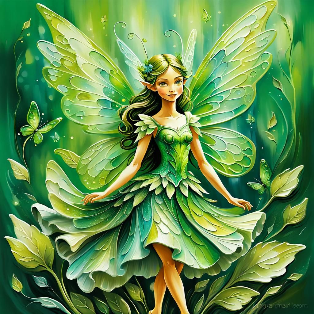 Green Fairy with Magical Wings as Impasto Painting