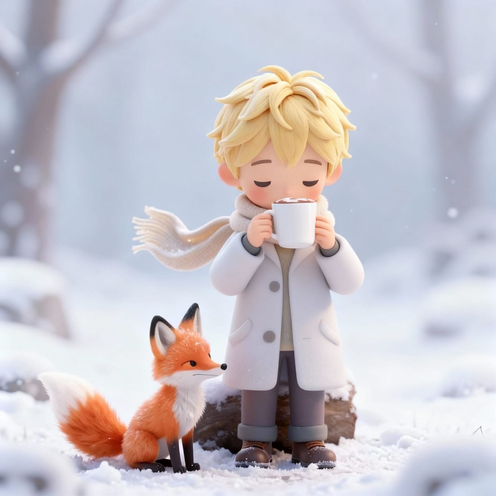 Little Prince Drawing a Fox in Winter Snow