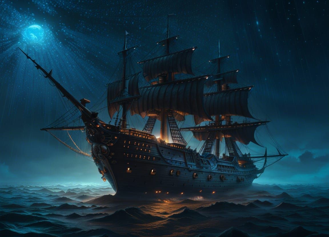 Space Pirate Ship on Starry Sea: Gothic Horror Art