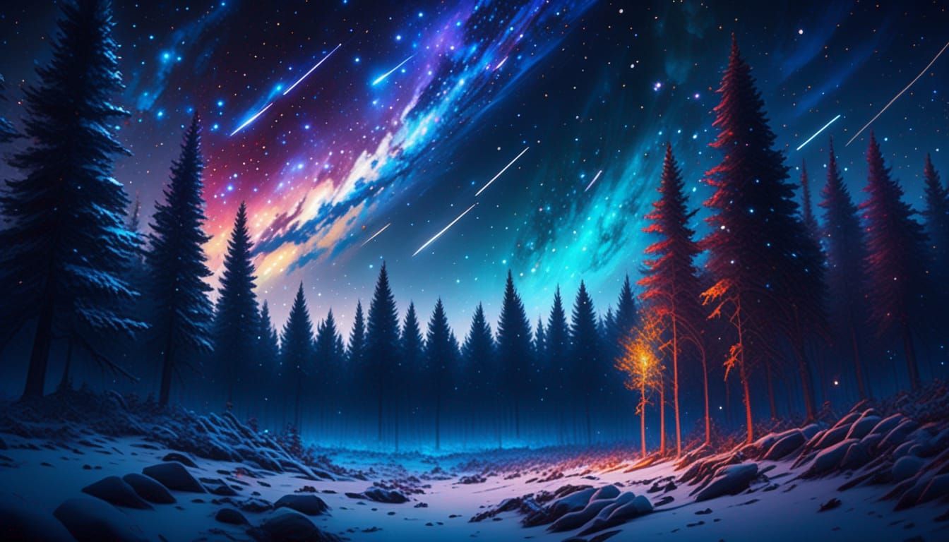 Detailed Night Sky Over Winter Forest in 8K