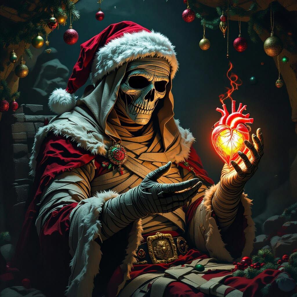 Mummy Santa with Glowing Heart in Tomb