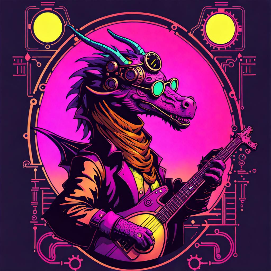 Steampunk Dragon Bard in Synthwave Style