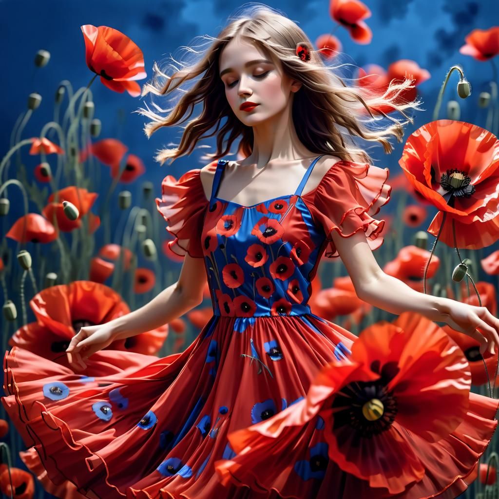 Girl Dancing in a Dress of Red Poppies