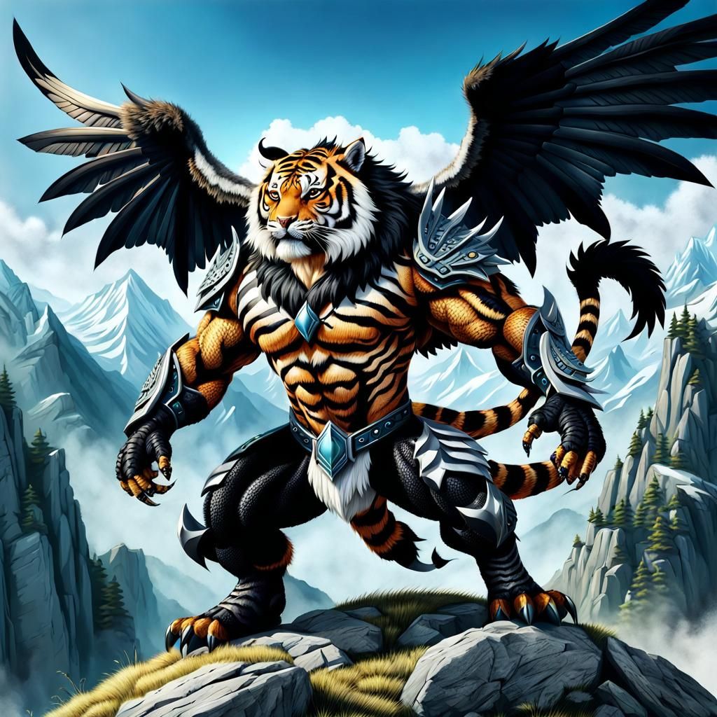 Fantasy Tiger Warrior Spreads Wings on Hill