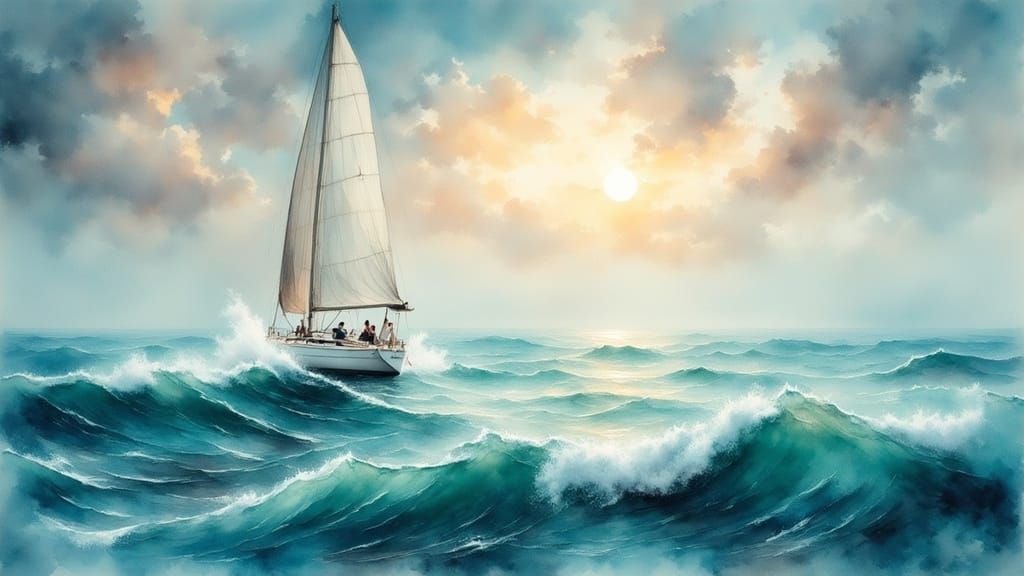 Elegant Sailboat Glides on Turquoise Sea in Surreal Style