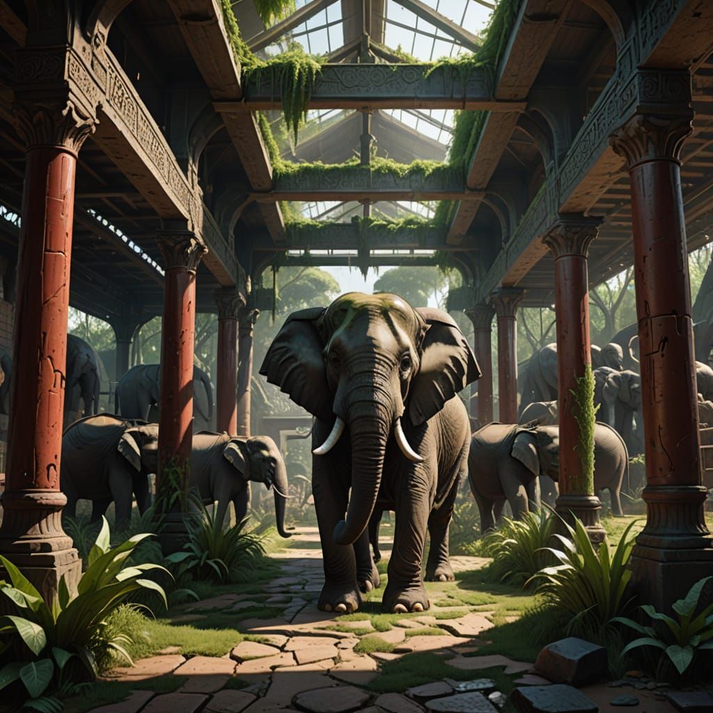 Elephant Stables Interior with Carved Posts, Concept Art