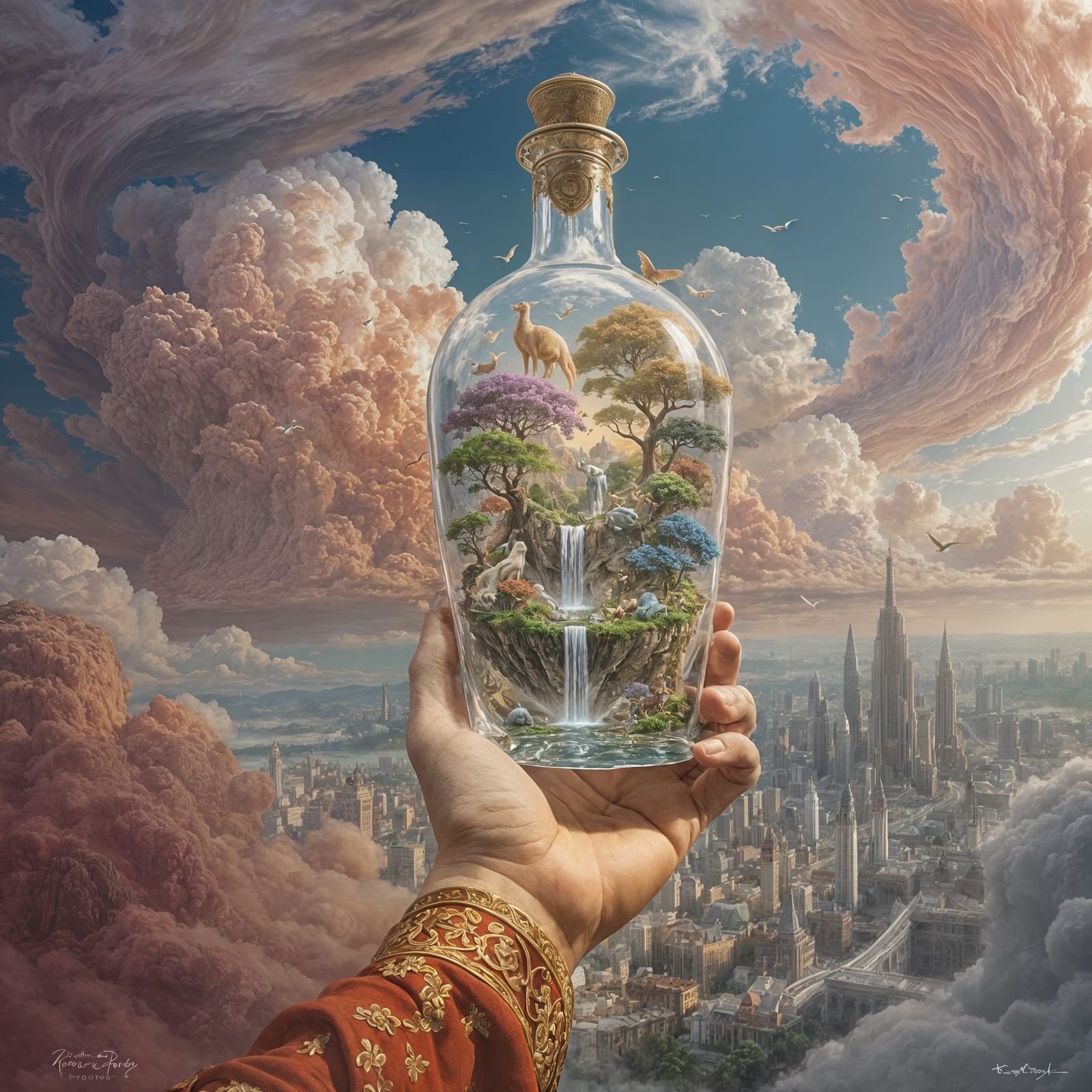 Colossal Human Holding Miniature World in Bottle