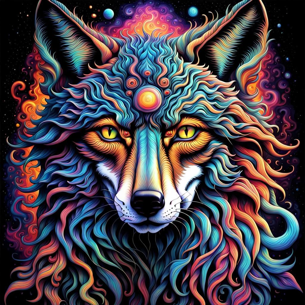 Psychedelic Cosmic Wolf in Contrasting Neon Colors