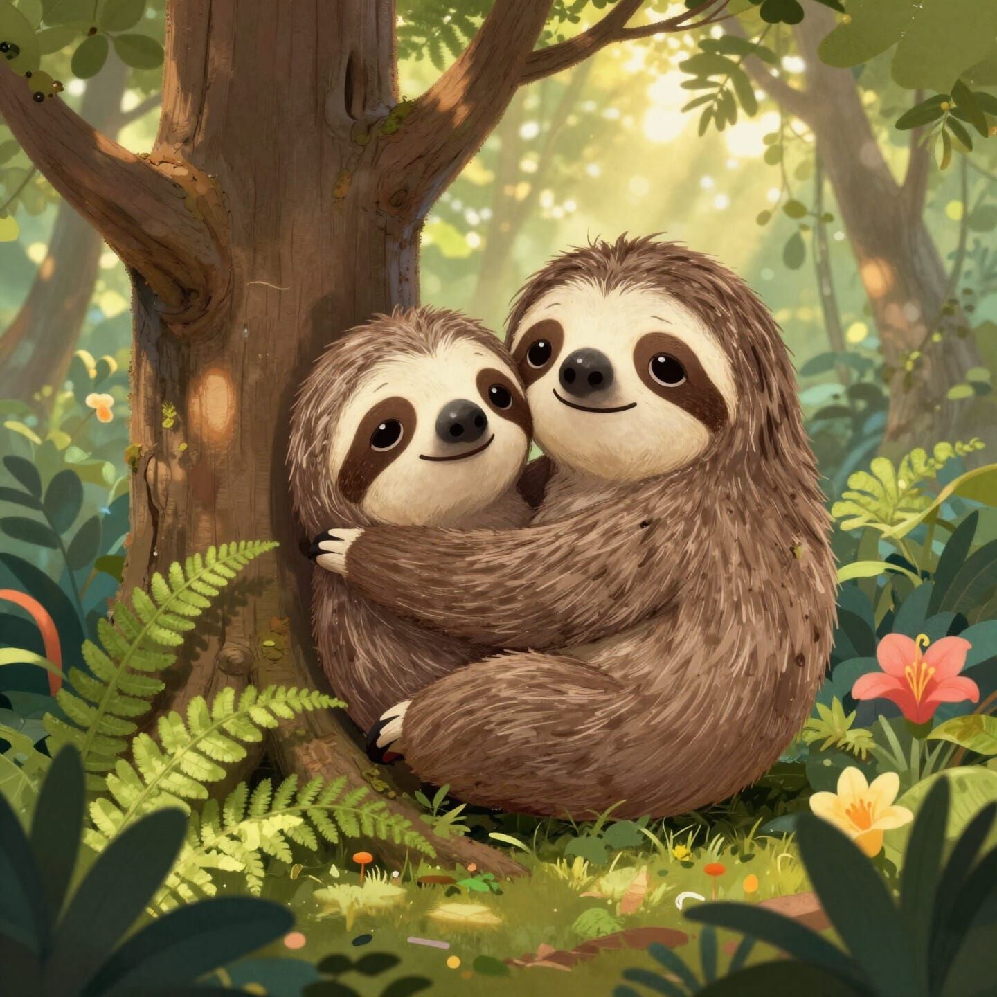 Cute Fluffy Sloth Hugging Ancient Tree in Jungle