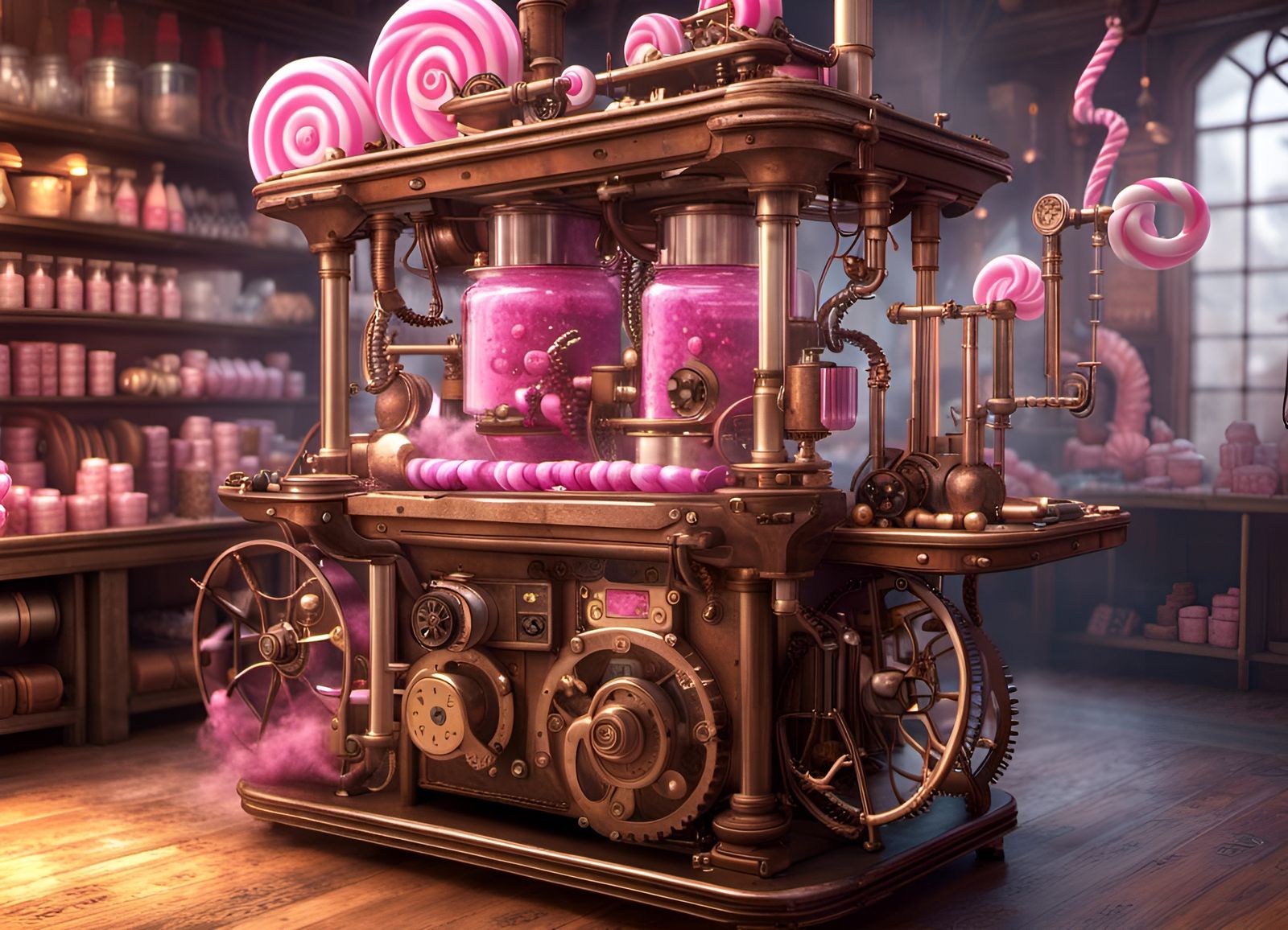 Steampunk Candy Shop with Steam-Powered Machine