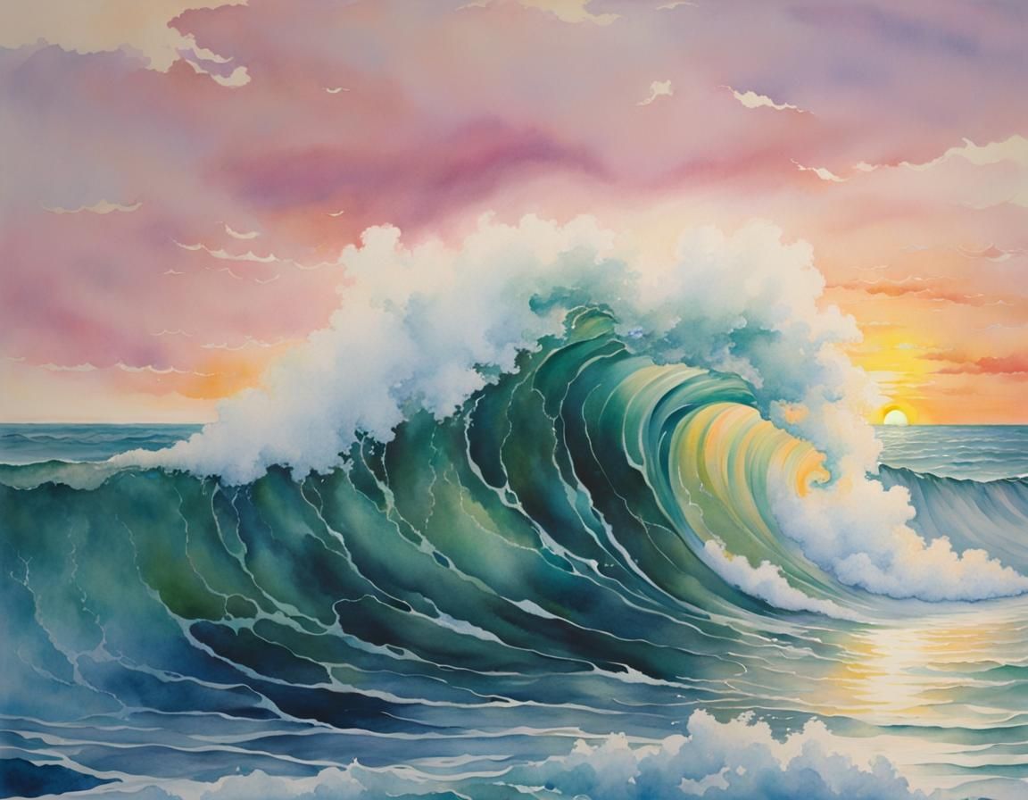 Watercolor Wave Masterpiece: Ocean Sunset Seascape