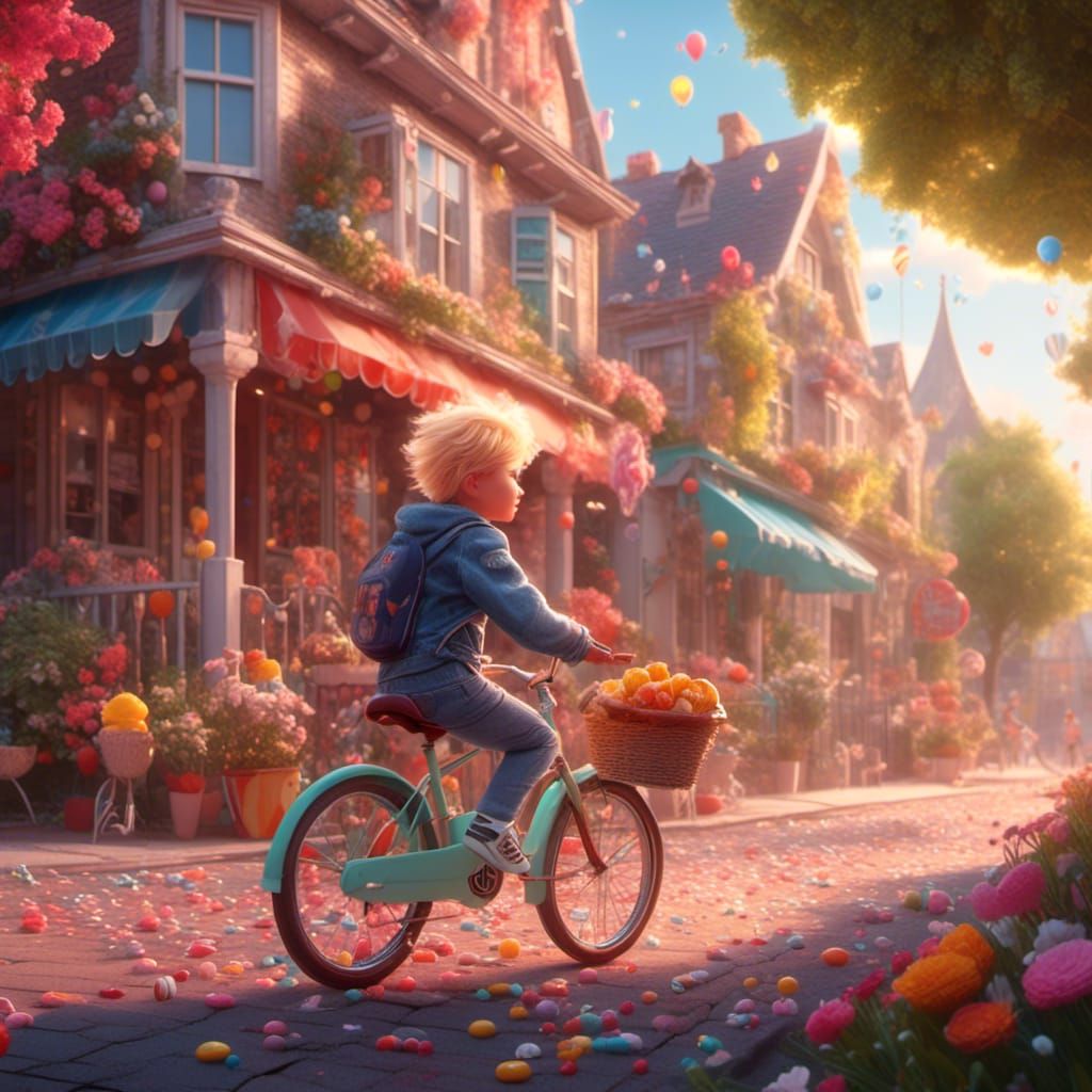 Boy on Bicycle in Candy Art Style