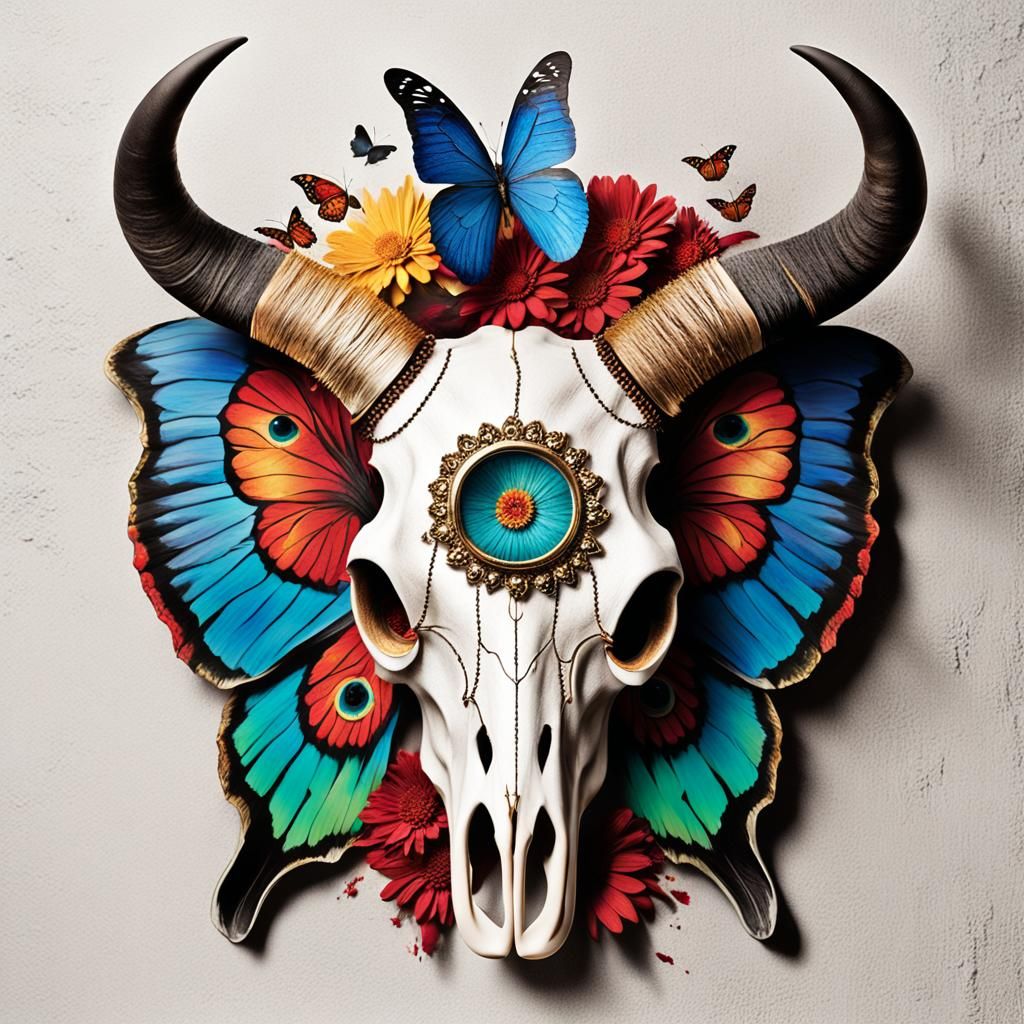 Cow Skull with Butterfly Wings and Artistic Elements