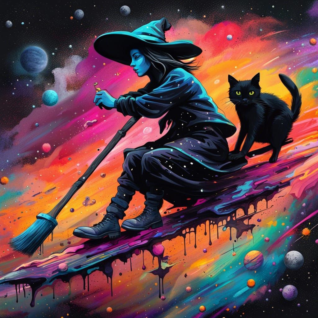 Cosmic Witch Rides Broom: Graffiti Art Style