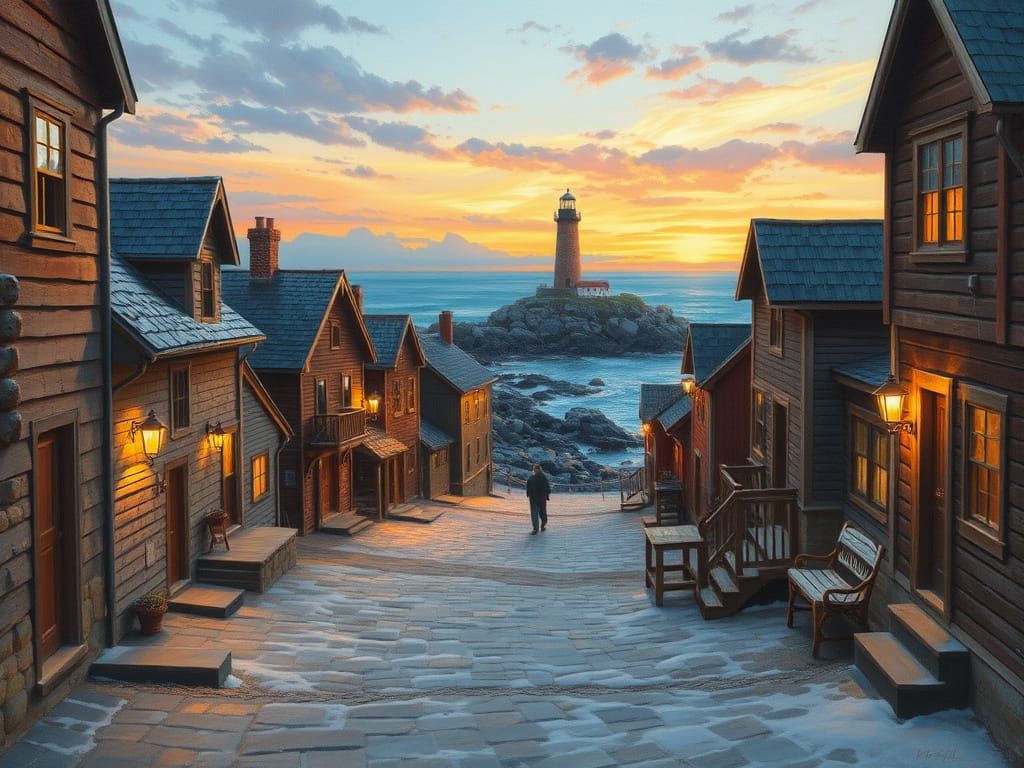 Charming Seaside Village at Sunset in the Style of Whimsical...