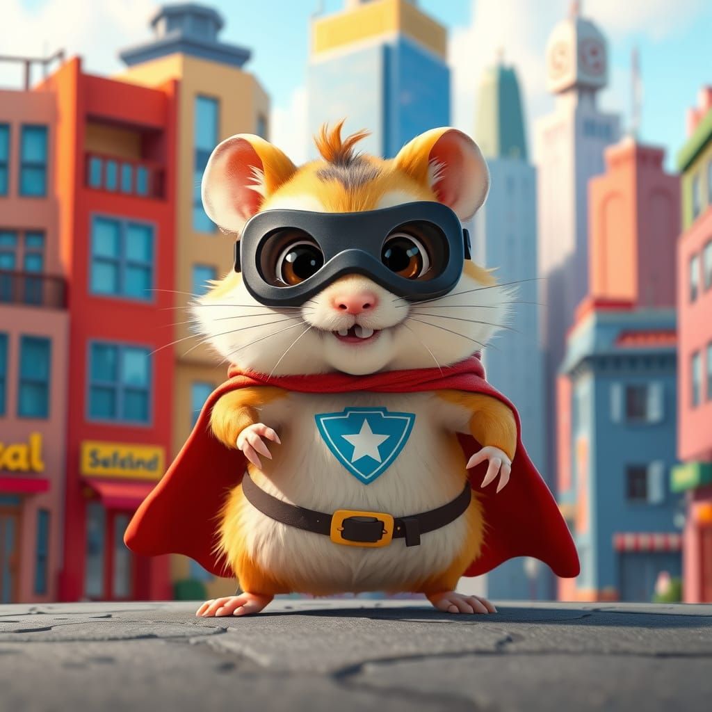 Heroic Hamster in a Vibrant Cityscape, Pixar Style