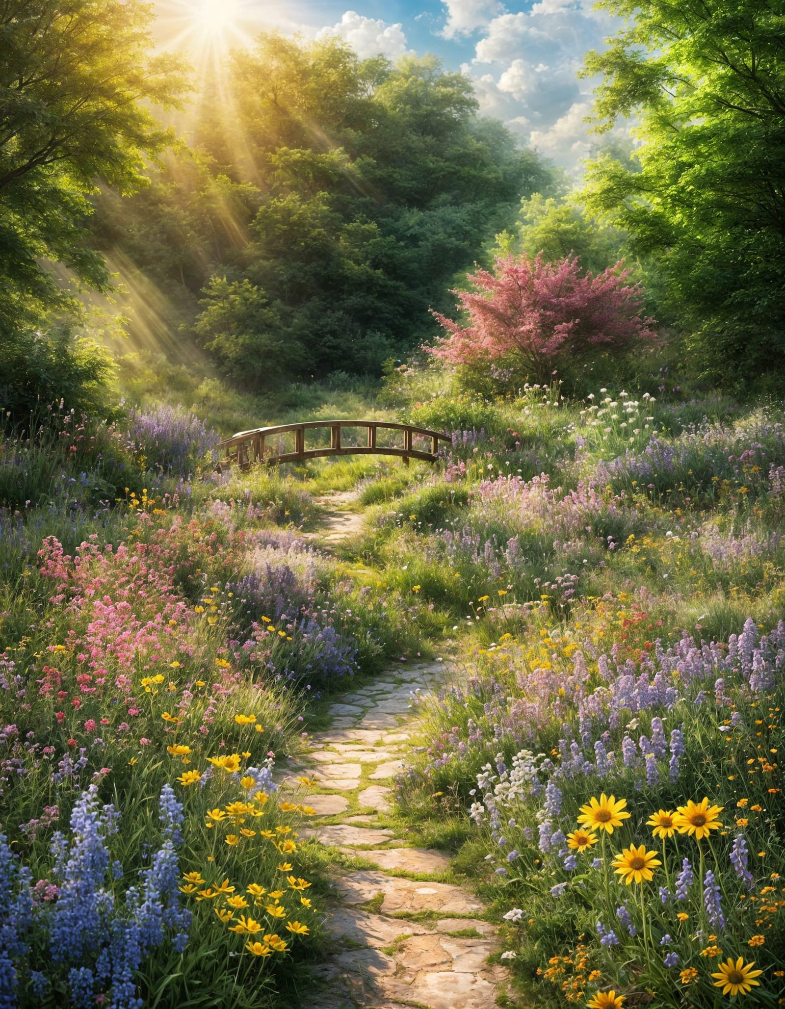 Misty Wildflower Garden with Tiny Bridge and Sunbeams