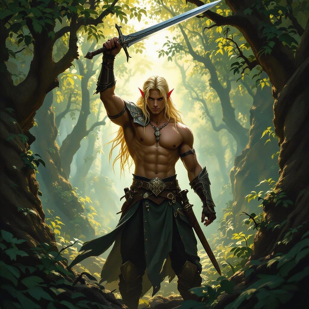 Heroic Elvish Warrior with Sword in Sun-Dappled Forest