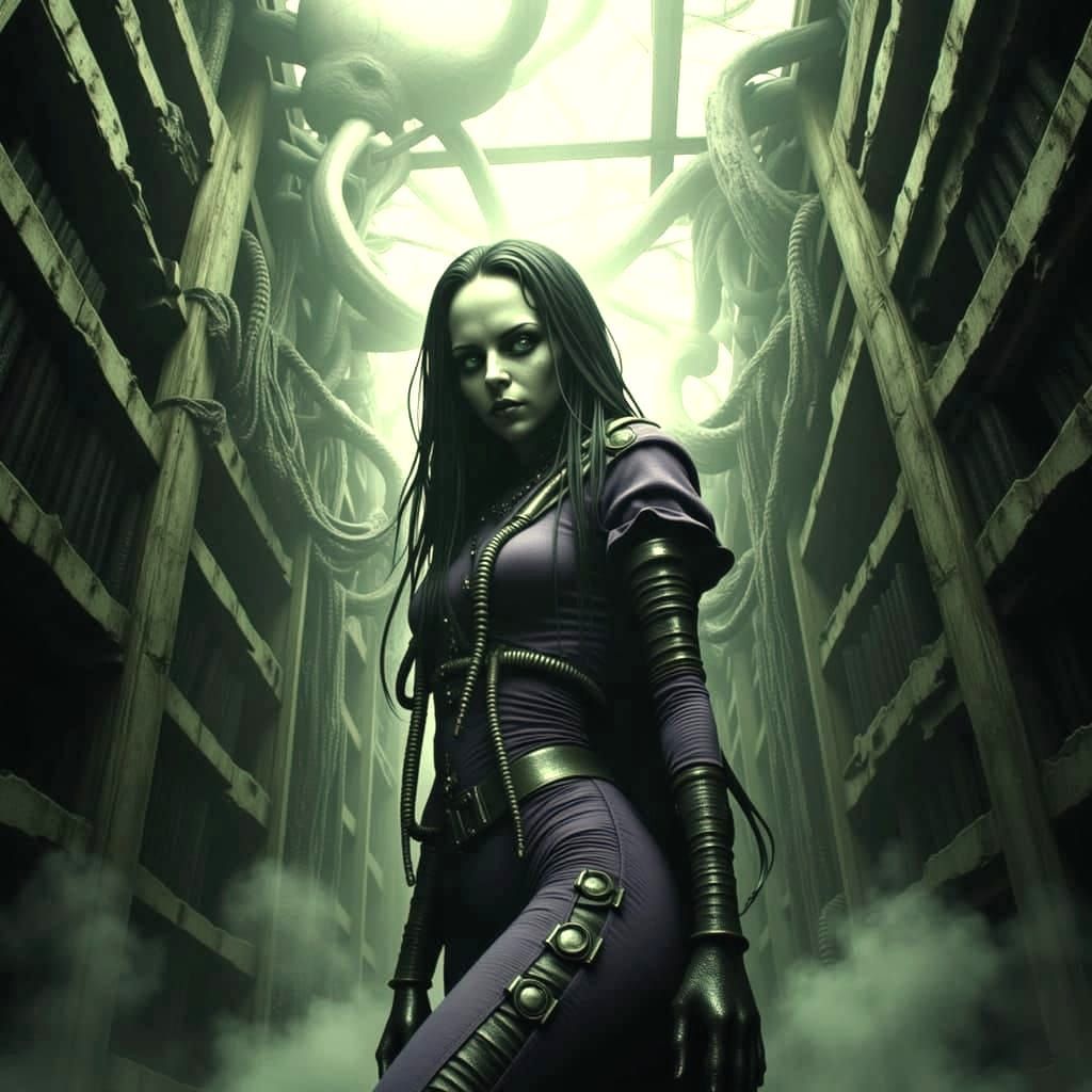 Spectral Woman Emerges in Futuristic Library