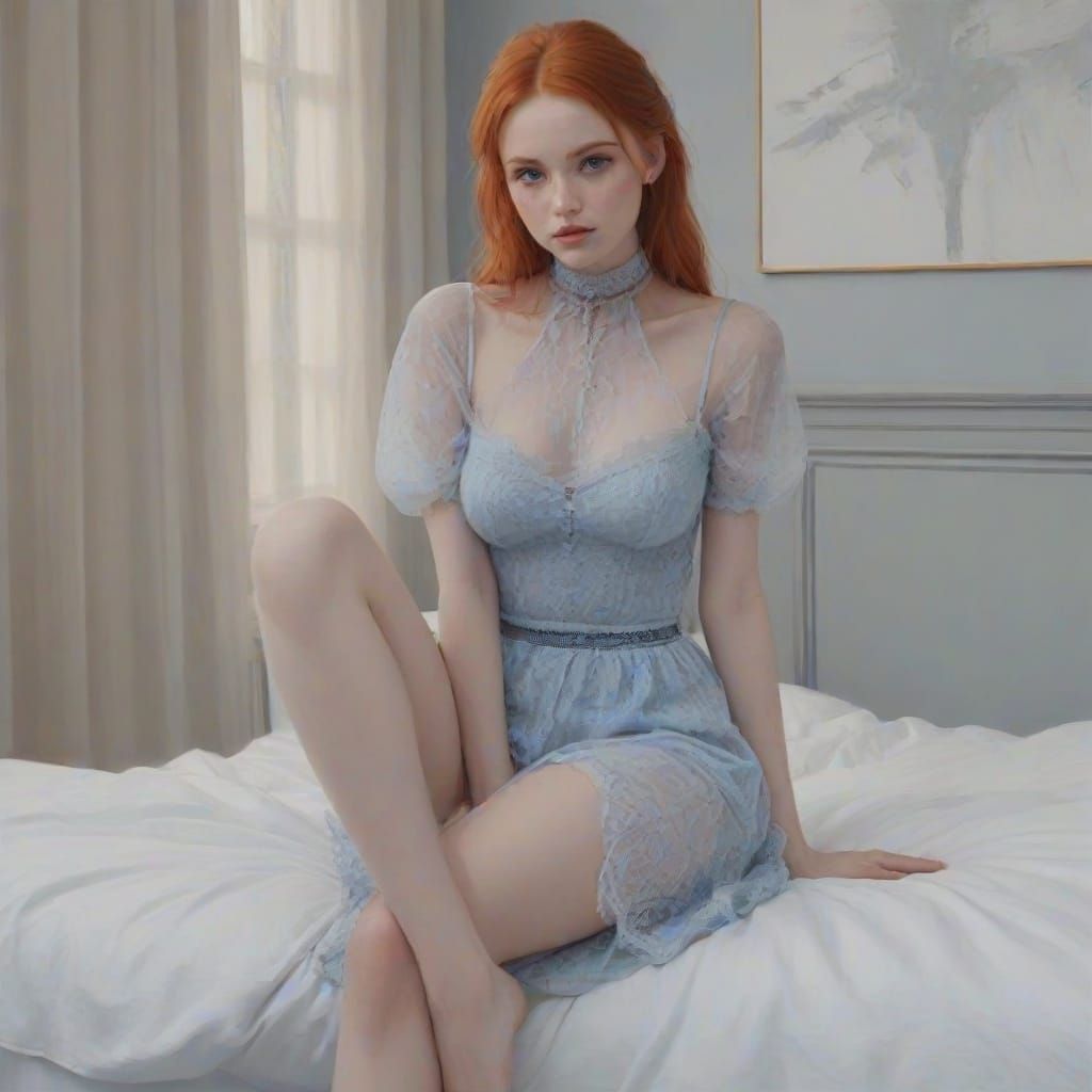 Gorgeous Redhead Model Sitting on Bed