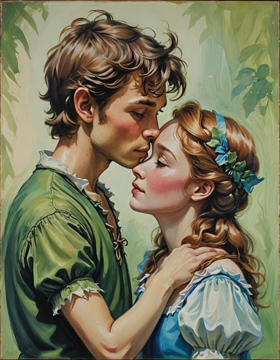 Peter Pan kissing Wendy, half body portrait, oil on canvas