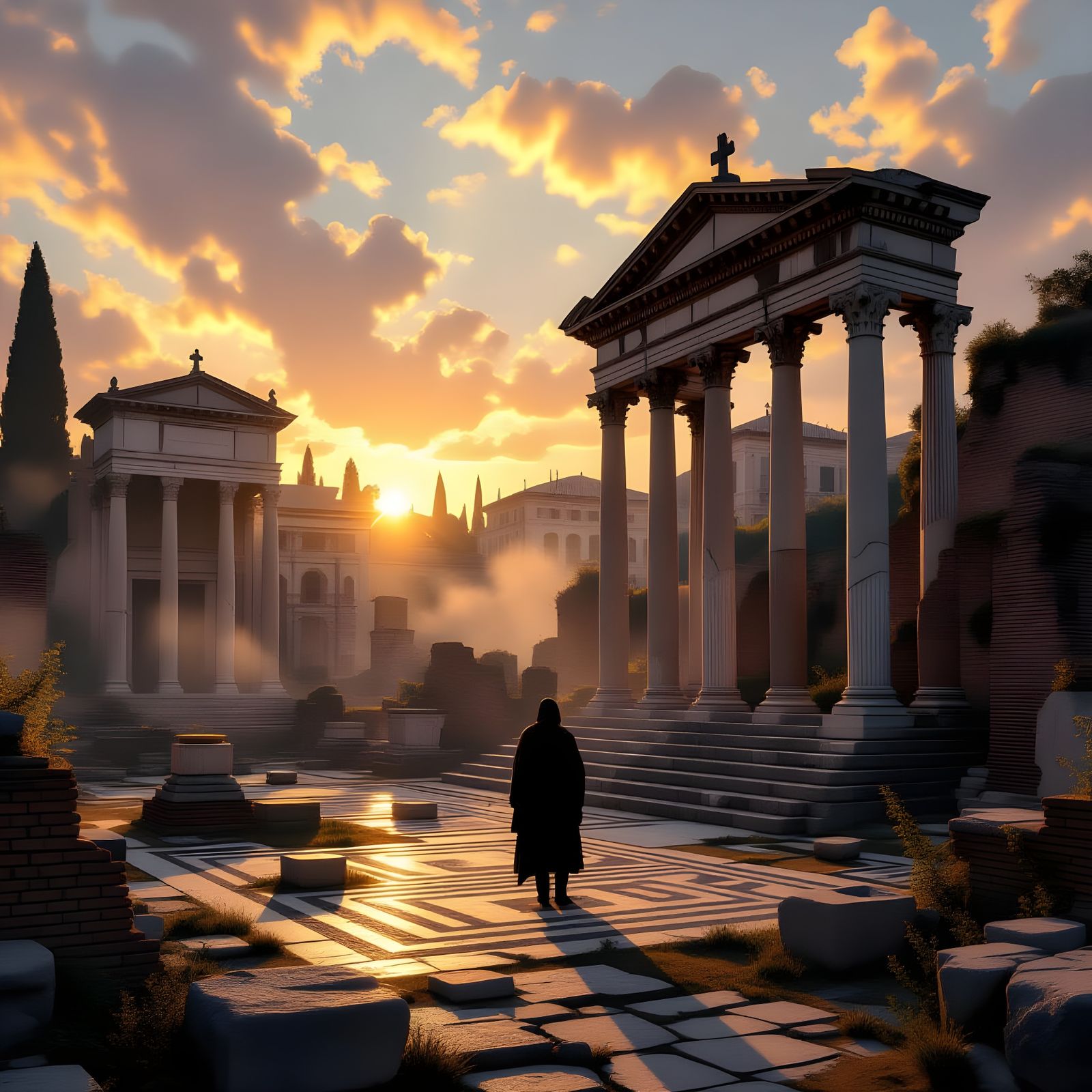 Figure in Ancient Roman Forum Ruins at Sunset