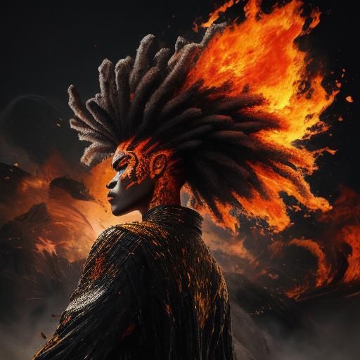 Fiery Figure in Abstract Graffiti Landscape