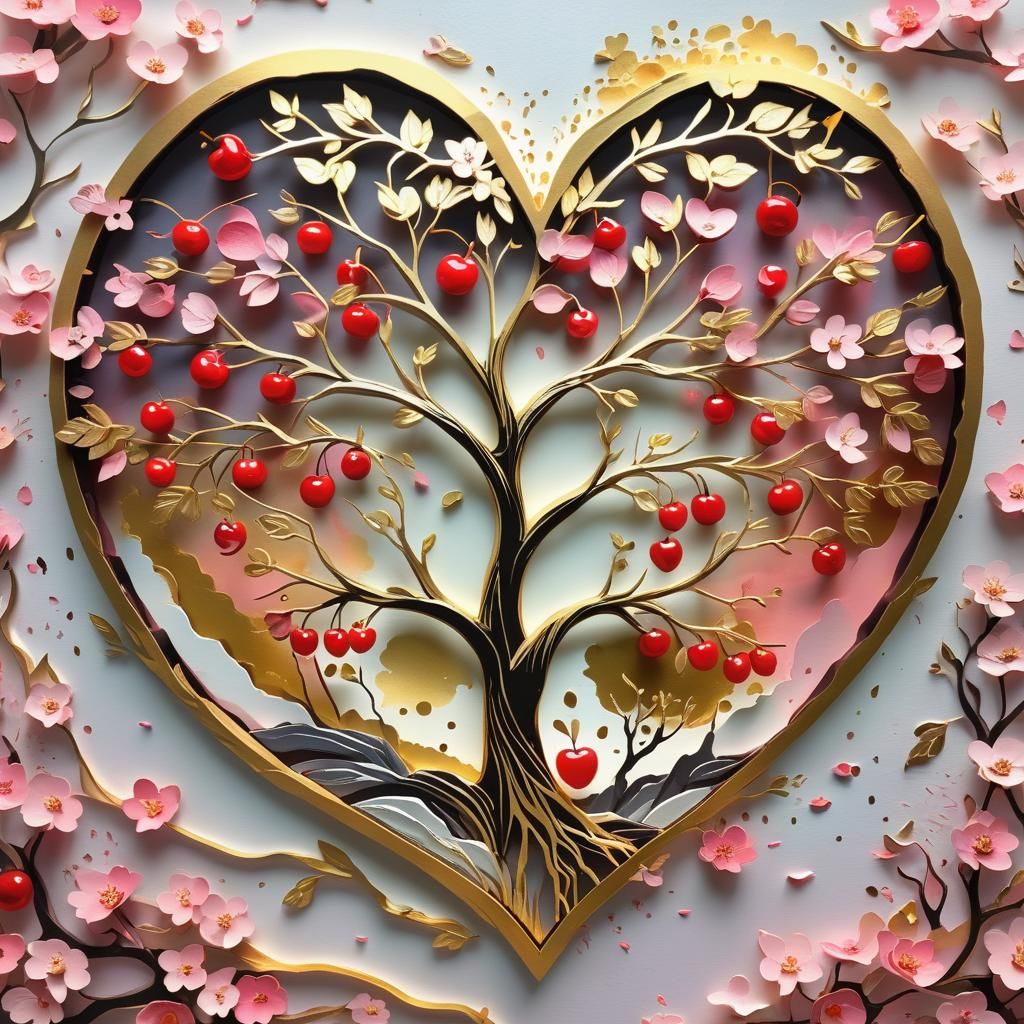 Kirigami Cherry Tree Heart: Detailed Matte Painting