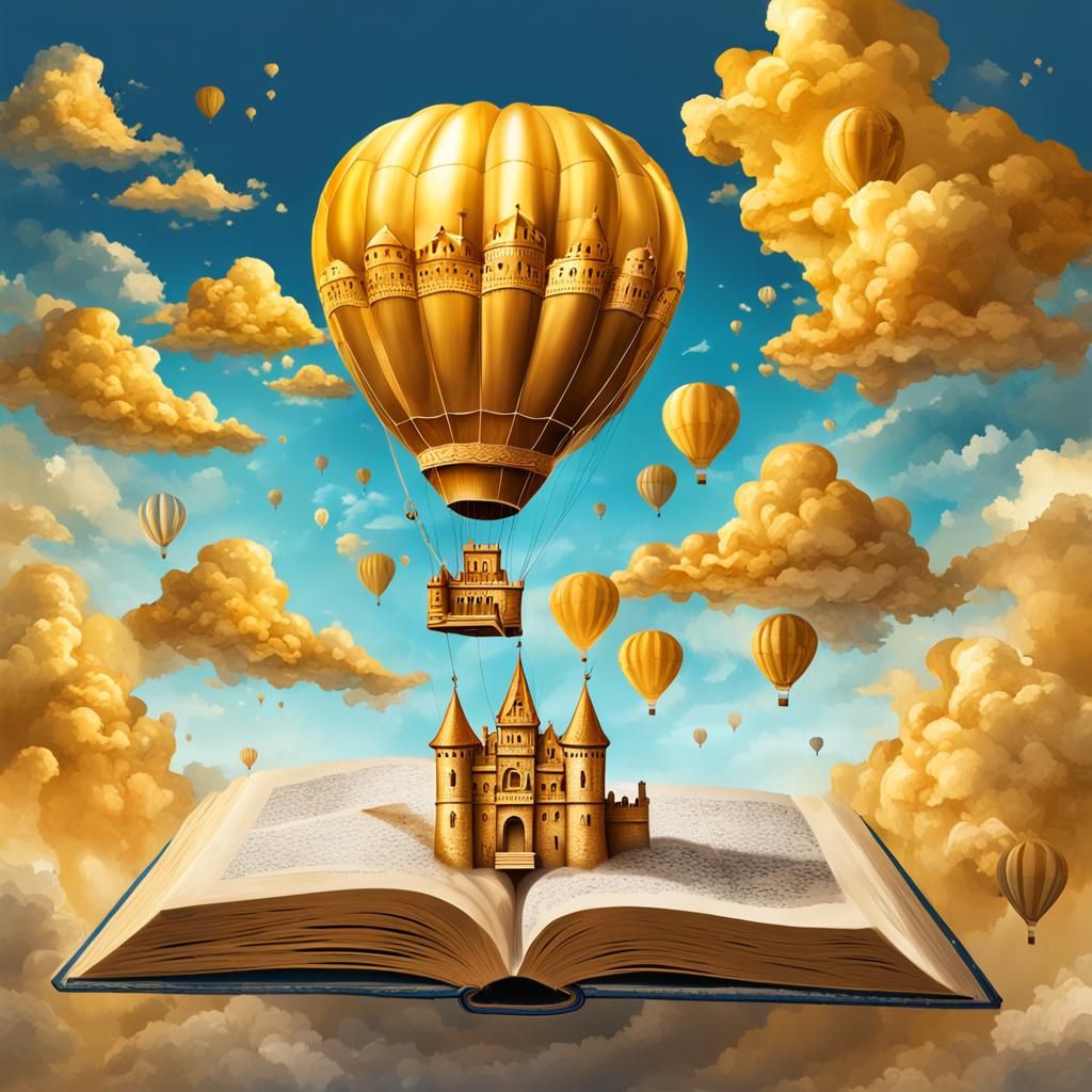 Golden Hot Air Balloon Above Book, Graffiti Art
