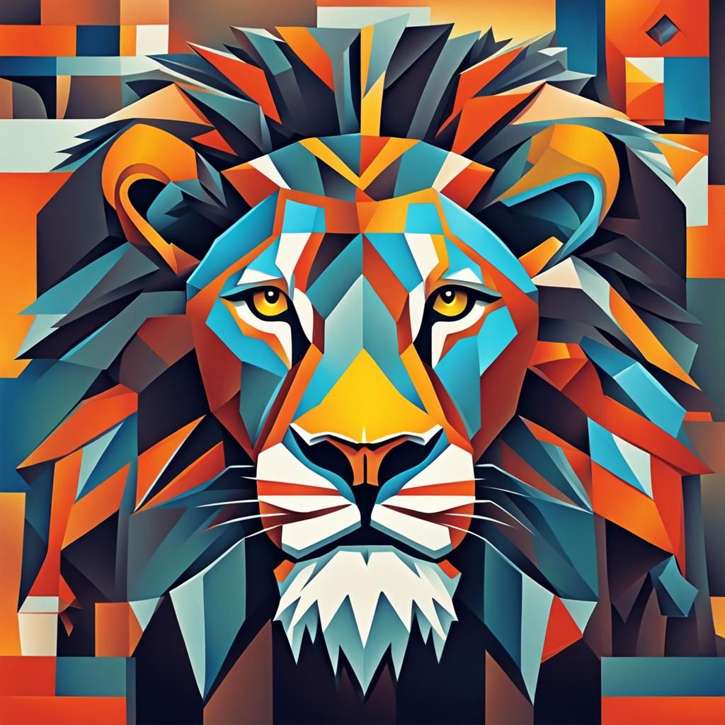 Cubist Lion in Geometric Fauvism Style