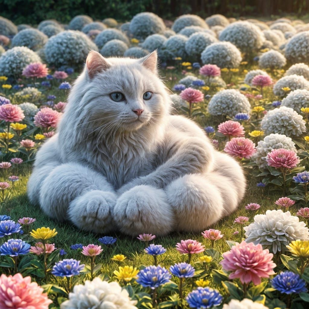 Fluffy Cat on Cloud Cushion in Flower Meadow