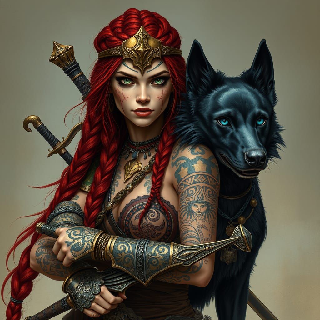 Goddess Warrior with Battle Dog in Gritty Fantasy Style