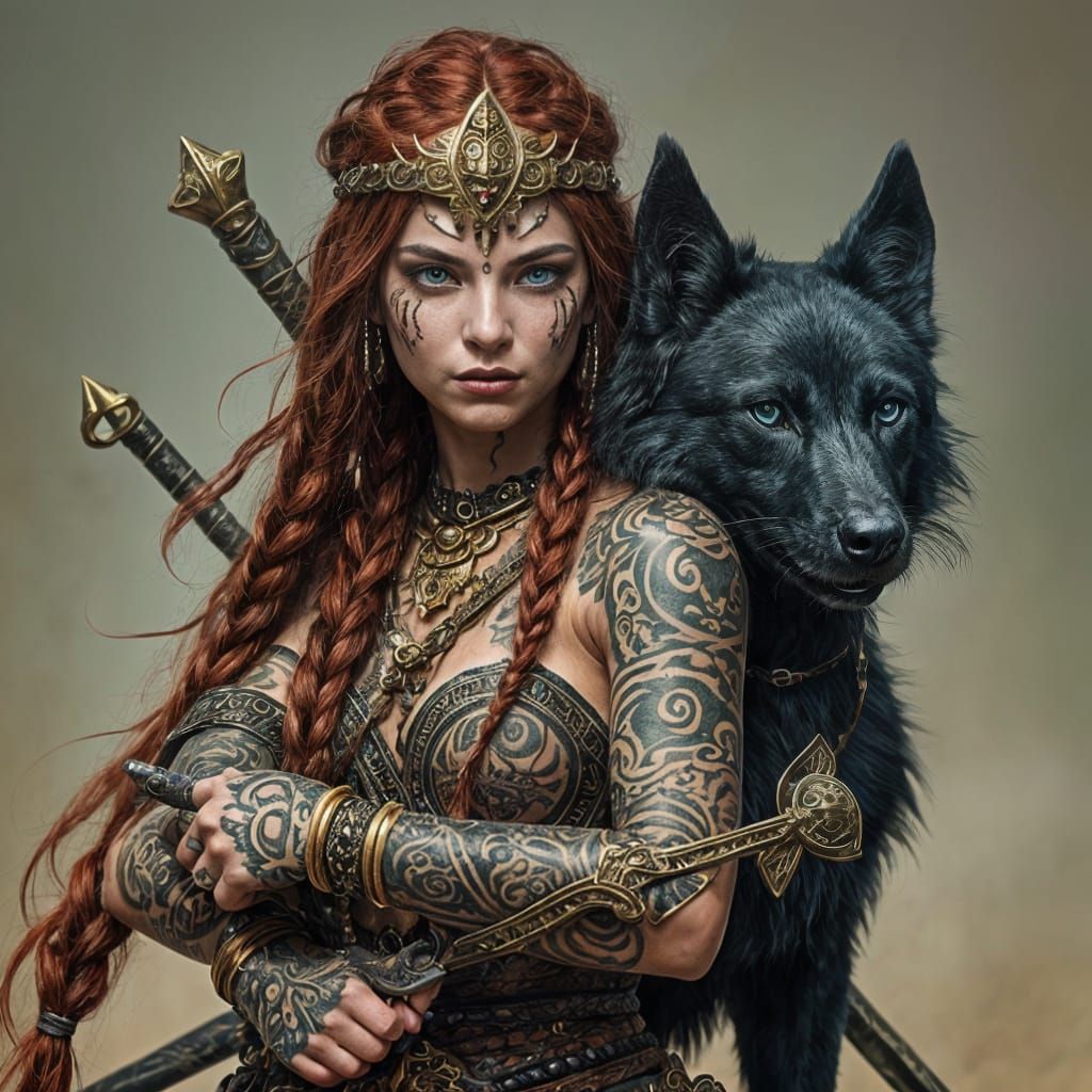 Ancient Goddess Warrior with Battle Dog