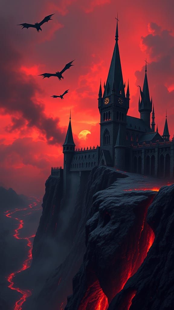 Dark Gothic Castle in a Burning Volcanic Landscape