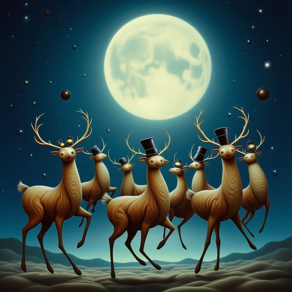 Surreal Reindeer Dance in Moonlit Elegance