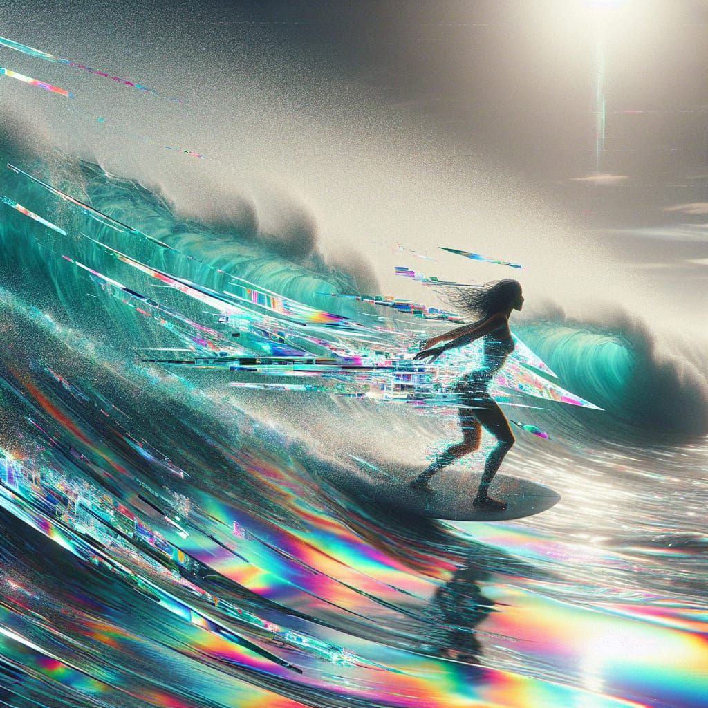 Surreal Windsurfing Goddess in Glitch Art Ocean