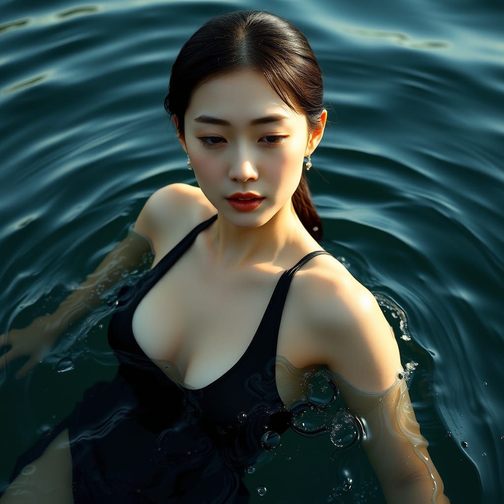 Serene Japanese Woman in Black Swimsuit Amidst Rippling Wate...