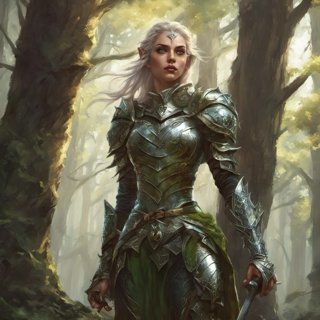 Elven Warrior in Forest, Fantasy Art