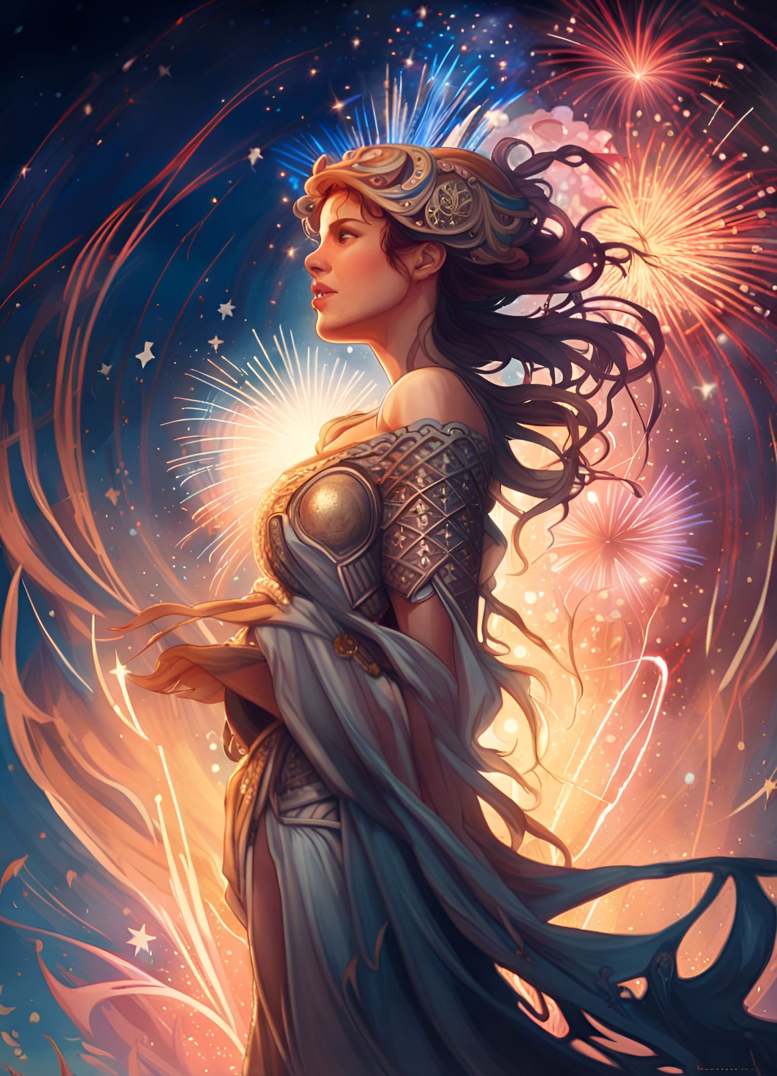 Independence Day Fireworks in Art Nouveau Style