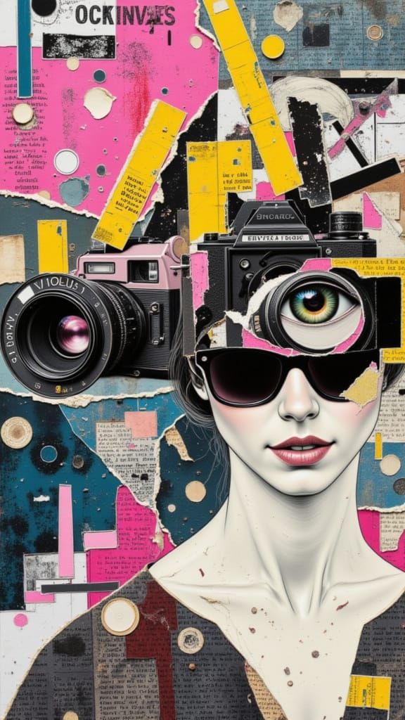 Dada Collage Woman With Vintage Camera Face