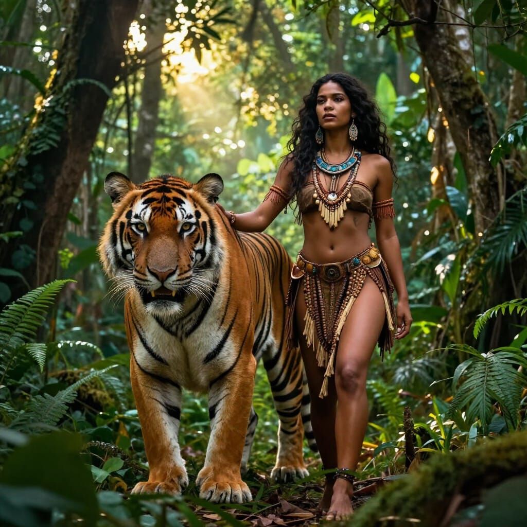 Tribal Woman and Sabre-Tooth Tiger in Sunlit Forest