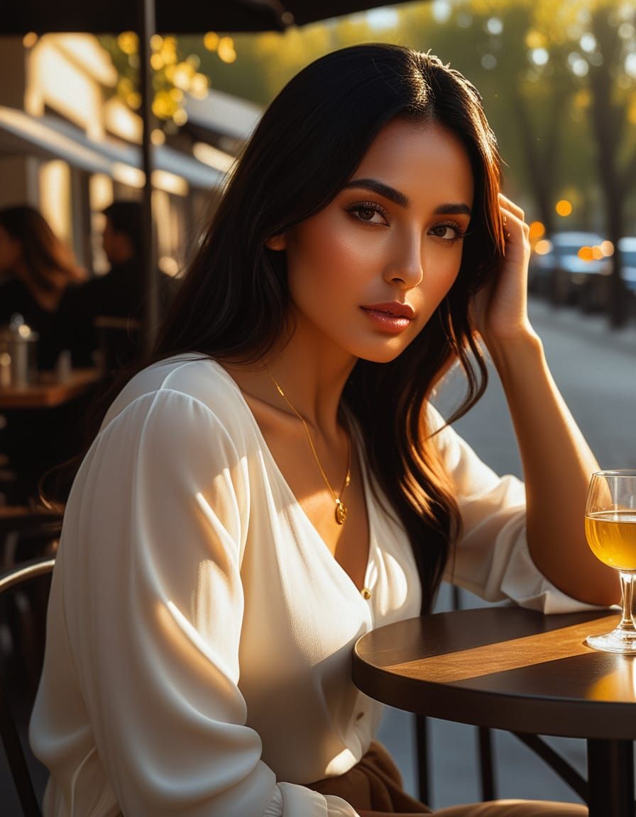 Romantic Realism: Woman at Cafe in Golden Hour