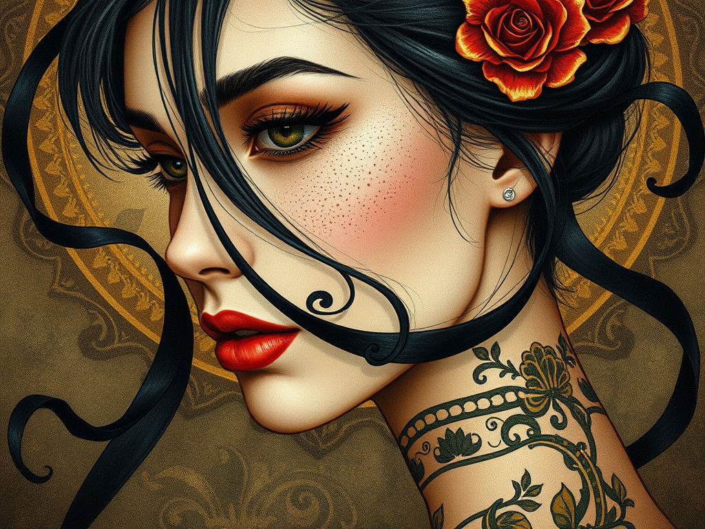 Art Nouveau Woman with Rose Portrait