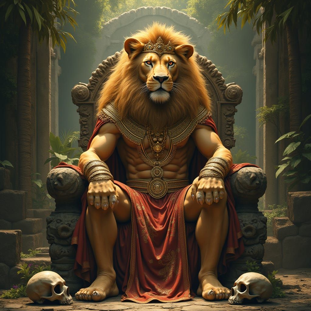 Regal Lion King on Stone Throne, Hyperrealistic Art Nouveau