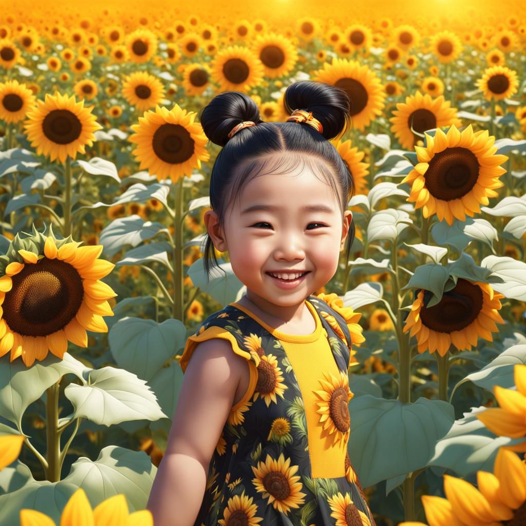 Smiling Baby in Hyperrealistic Sunflower Field