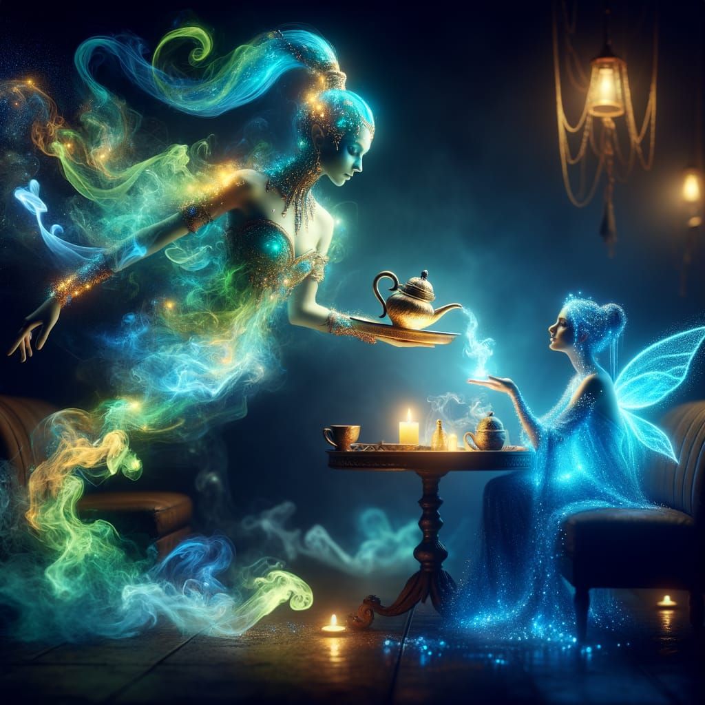 Ethereal Genie Serves Tea to Fairy