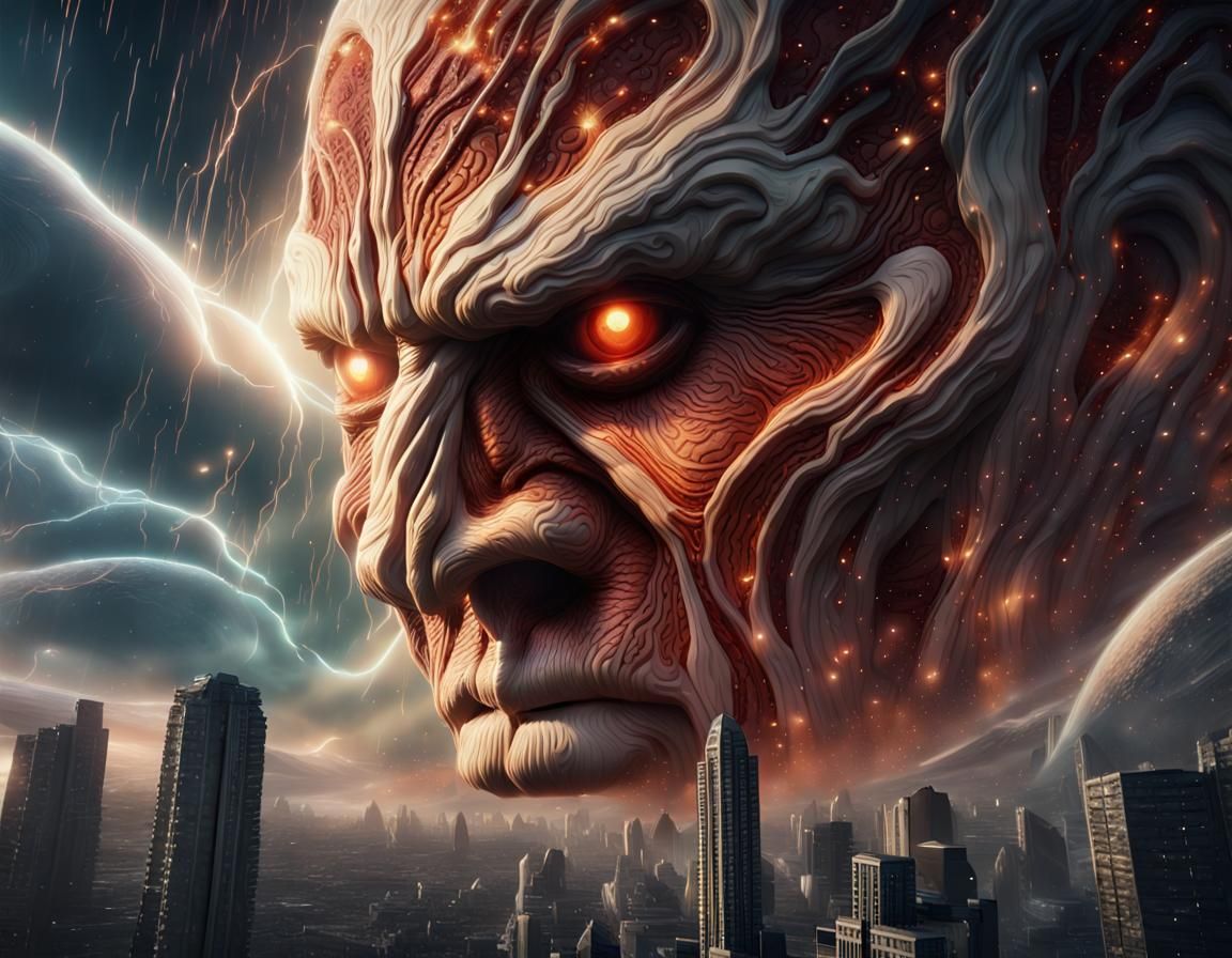 Colossal Titan Face in Cosmic Storm, Digital Art